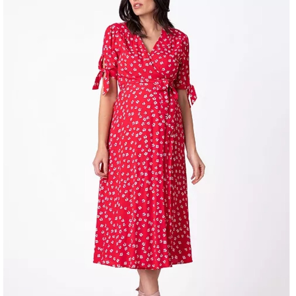 Seraphine Red Puff Sleeve Wrap Midi Dress